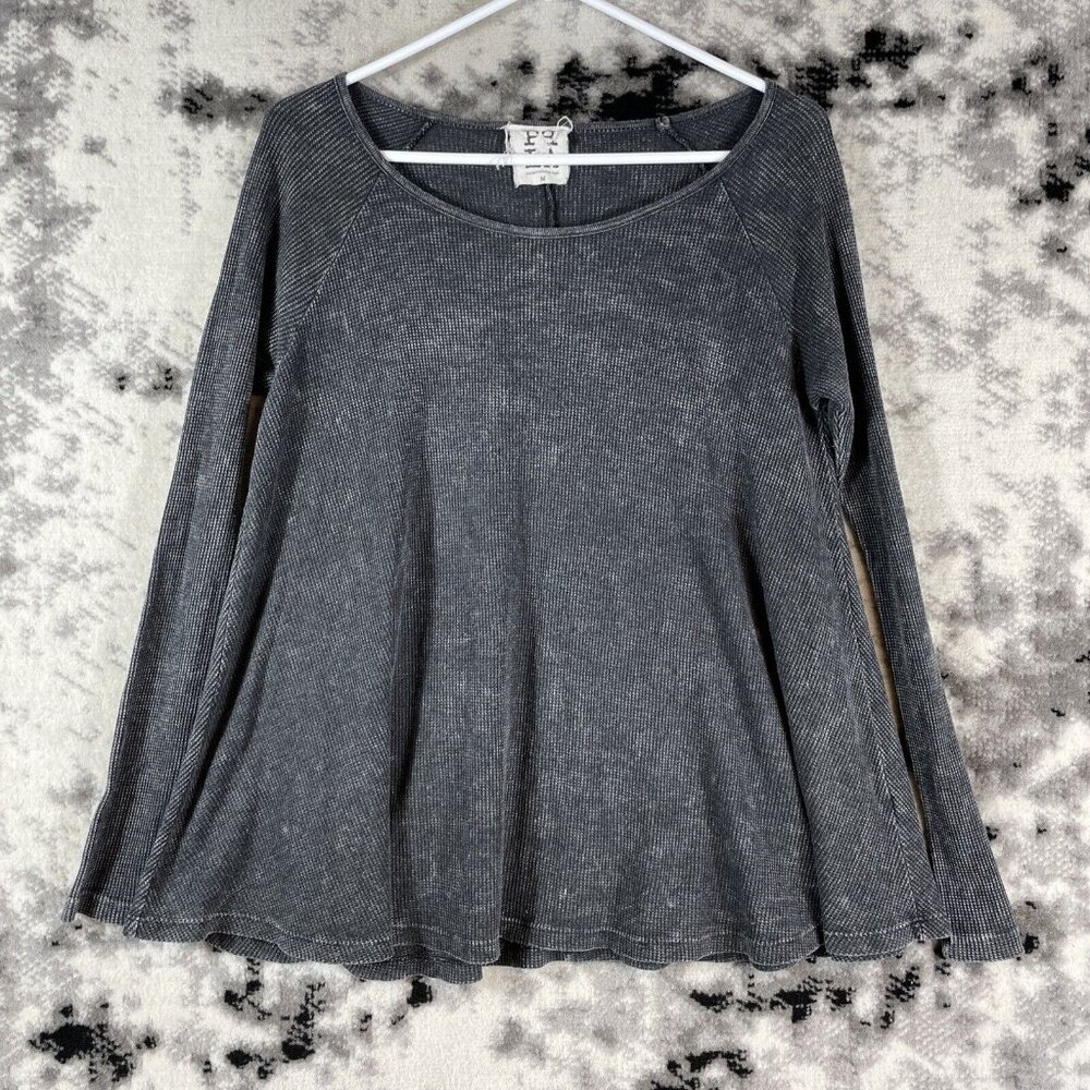 PPLA Top Womens Size Medium Gray Black Waffle Knit Long Sleeve Round‎ Neck